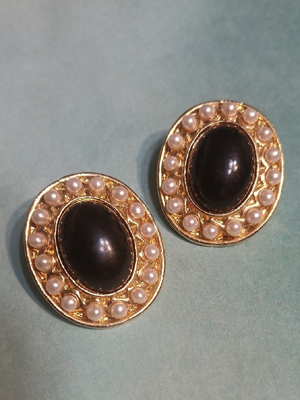 Fashion Jewelry Gold-Tone Black Cabochon and Pearl Halo Earrings